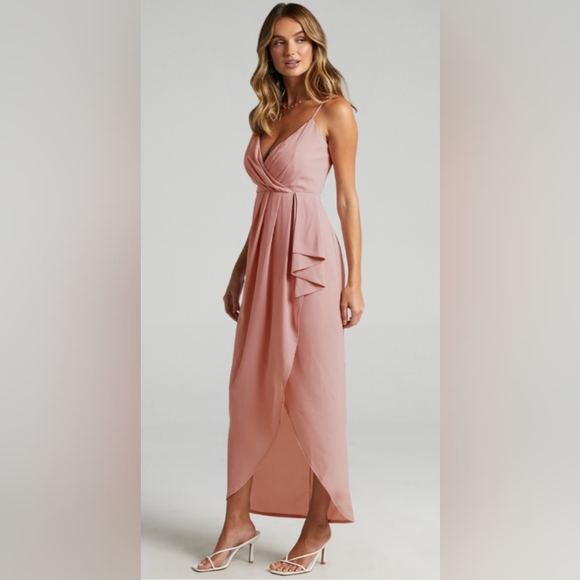 NWT Showpo Gave Me You Dress Blush Size 6 Maxi Wedding Formal Event Faux Wrap - Picture 3 of 15